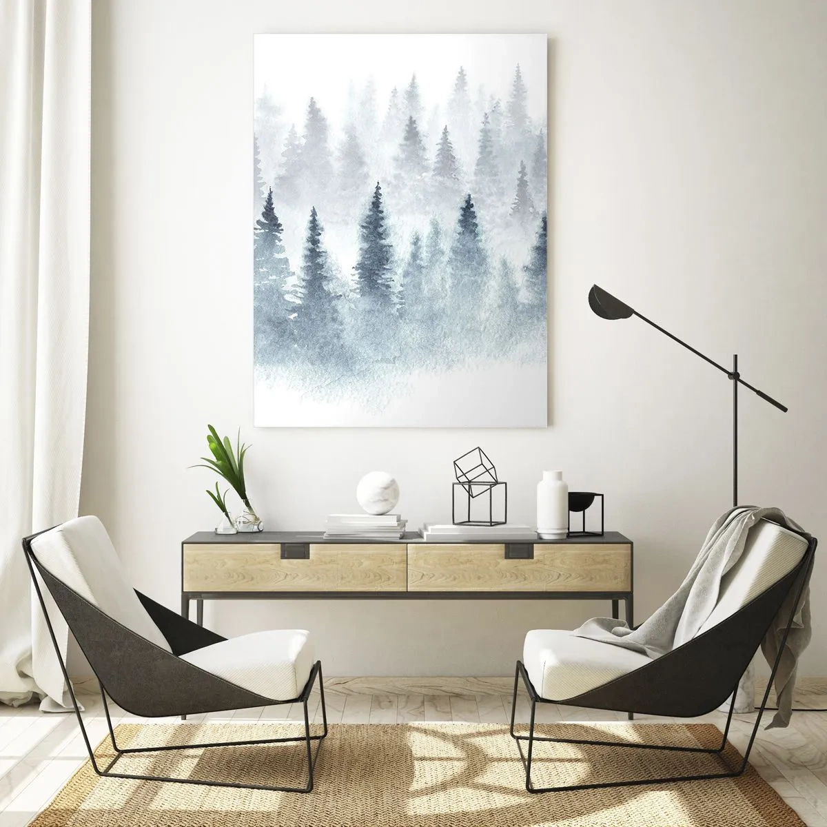 Impression sur verre - Image sur verre - Forêts de conifères baignées d'un brouillard délicat - 80x120cm - Enveloppé de brouillard - Décoration murale moderne pour le salon et la chambre ARTTOR