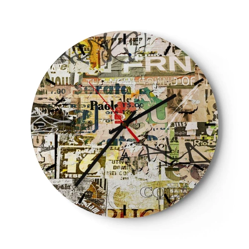 Horloge murale - Pendule murale - Une composition de plusieurs couches d'anciennes affiches et inscriptions - 30x30cm - Oh, il se passe quelque chose... - Décoration murale moderne pour le salon, la cuisine et la chambre ARTTOR