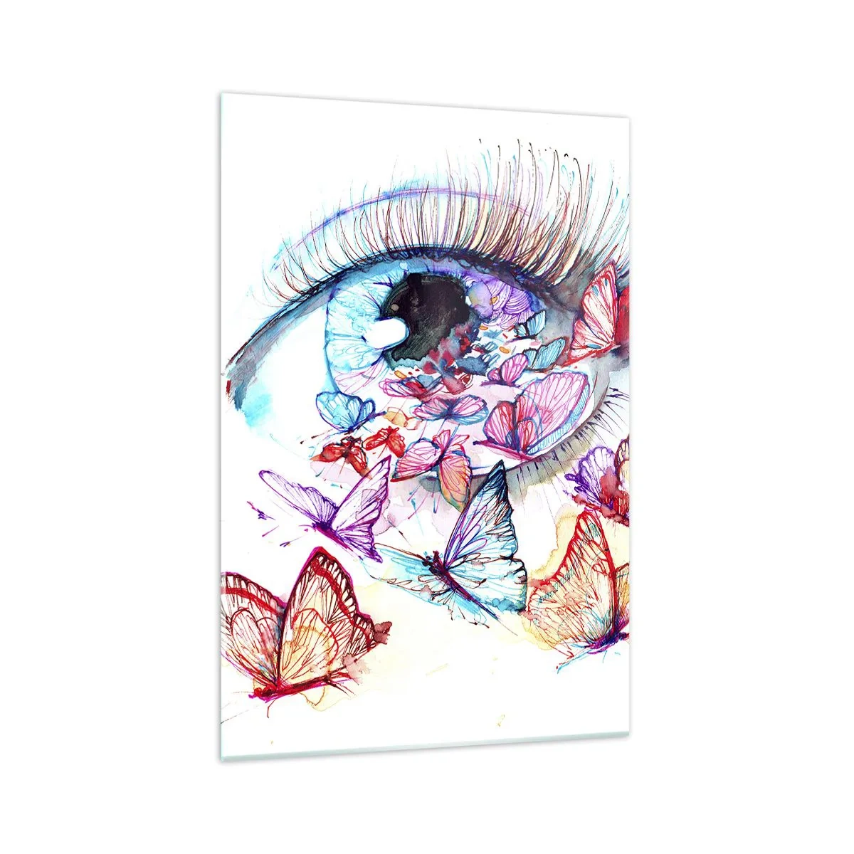 Impression sur verre - Image sur verre - Un œil aquarelle entouré de papillons colorés - 70x100cm - Charme des yeux de conte de fées - Décoration murale moderne pour le salon et la chambre ARTTOR