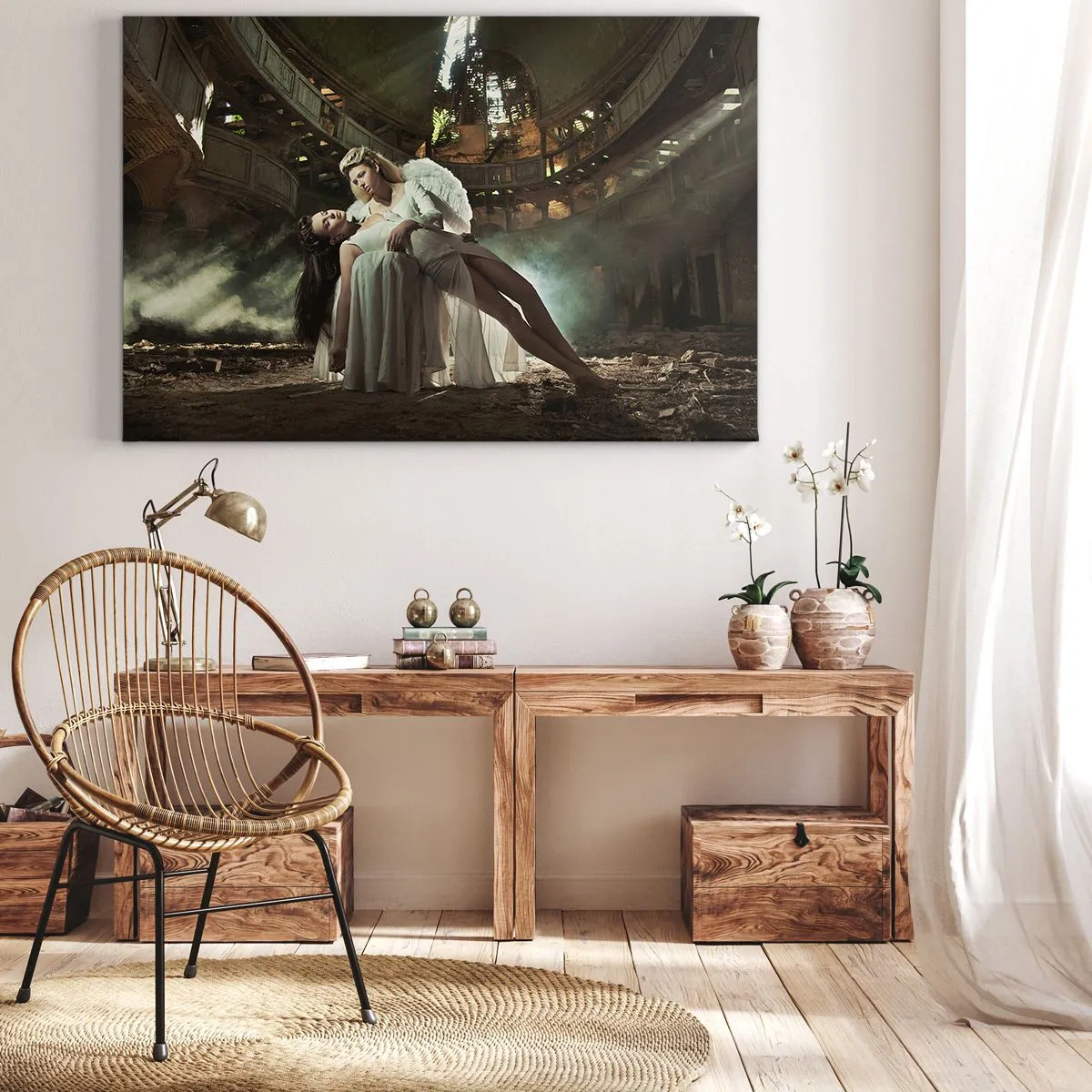 Impression sur toile - Image sur toile - Deux personnages en ruines avec un jeu de lumière - 100x70cm - L'esprit du théâtre ancien - Décoration murale moderne pour le salon et la chambre ARTTOR