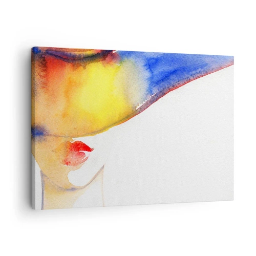 Impression sur toile - Image sur toile - Une aquarelle minimaliste du profil d'une femme avec un chapeau coloré. - 70x50cm - Portrait d'une dame - Décoration murale moderne pour le salon et la chambre ARTTOR