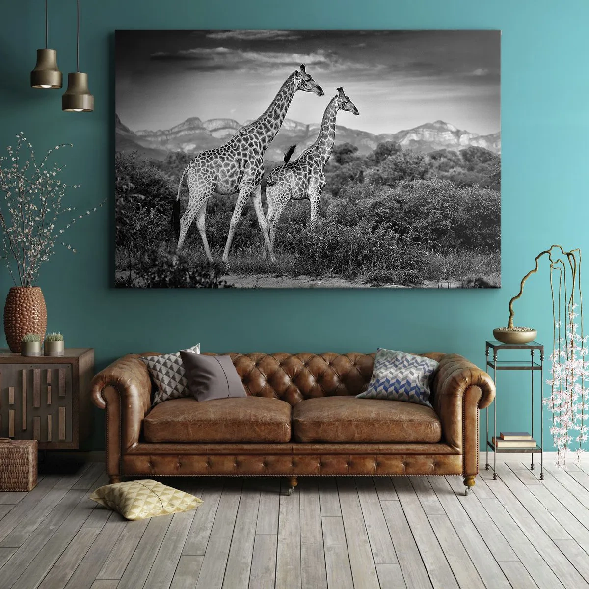 Impression sur toile - Image sur toile - Silhouettes noires et blanches de deux girafes dans la savane - 120x80cm - Hautes sphères en Afrique - Décoration murale moderne pour le salon et la chambre ARTTOR