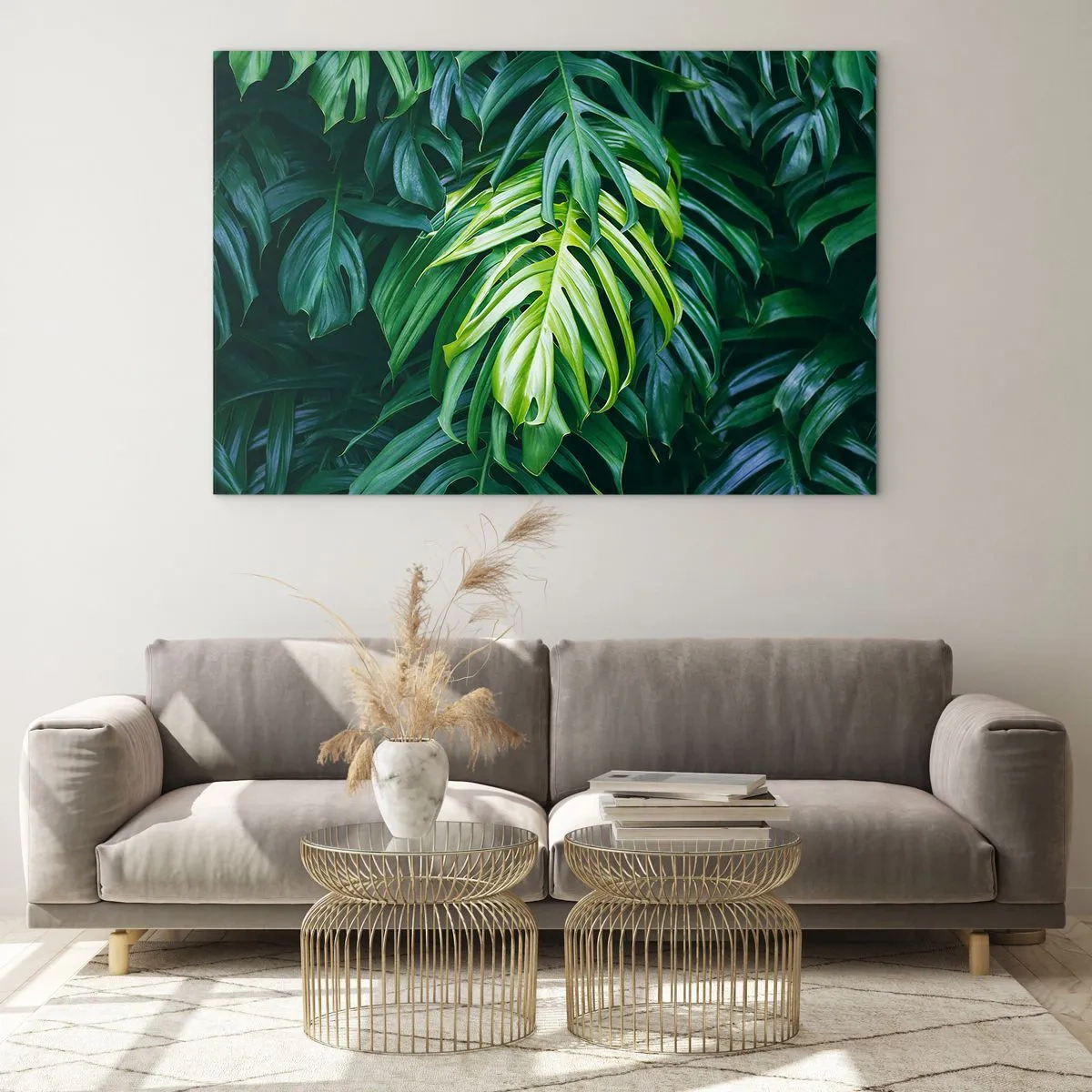 Impression sur verre - Image sur verre - Feuilles de monstera vertes luxuriantes à la lumière naturelle - 70x50cm - Immergez-vous dans la fraîcheur - Décoration murale moderne pour le salon et la chambre ARTTOR