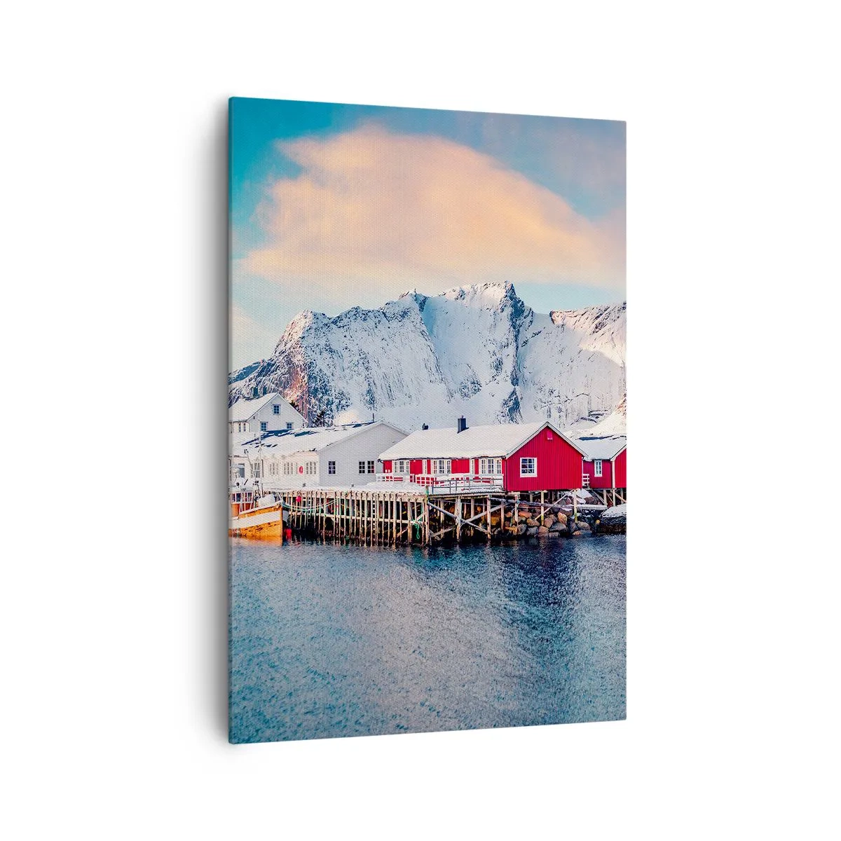 Impression sur toile - Image sur toile - Maisons rouges sur fond de montagnes enneigées et de mer bleue - 70x100cm - Retraite dans le nord - Décoration murale moderne pour le salon et la chambre ARTTOR