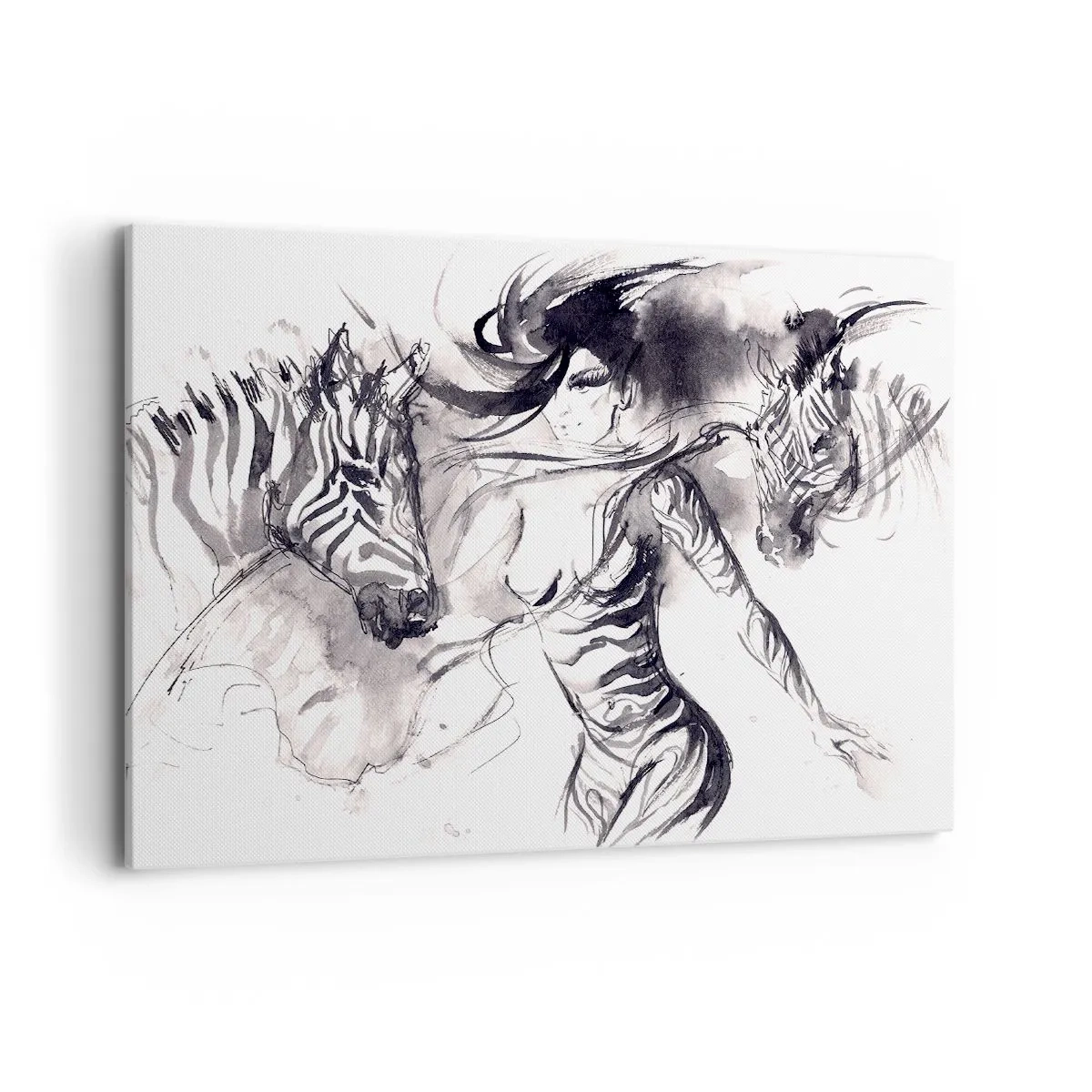 Impression sur toile - Image sur toile - Une femme dans une danse dynamique avec des zèbres dans une esthétique noir et blanc - 100x70cm - Danse avec les zèbres - Décoration murale moderne pour le salon et la chambre ARTTOR