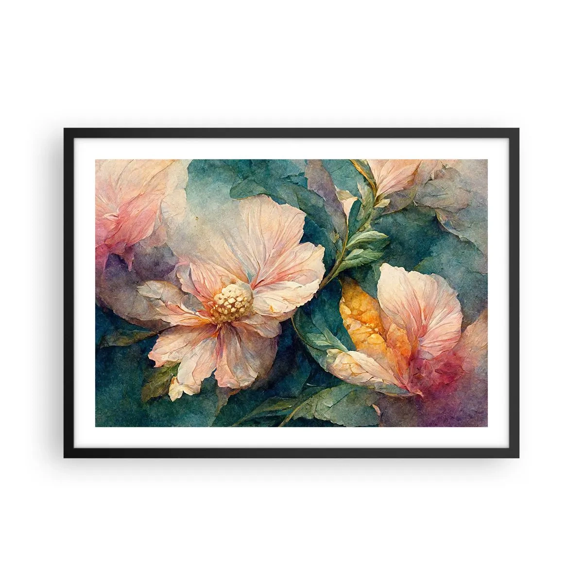 Affiche dans un cadre noir - Poster - Fleurs délicates aux couleurs pastel - 70x50cm - Uniquement de la subtilité - Décoration murale moderne pour le salon et la chambre ARTTOR