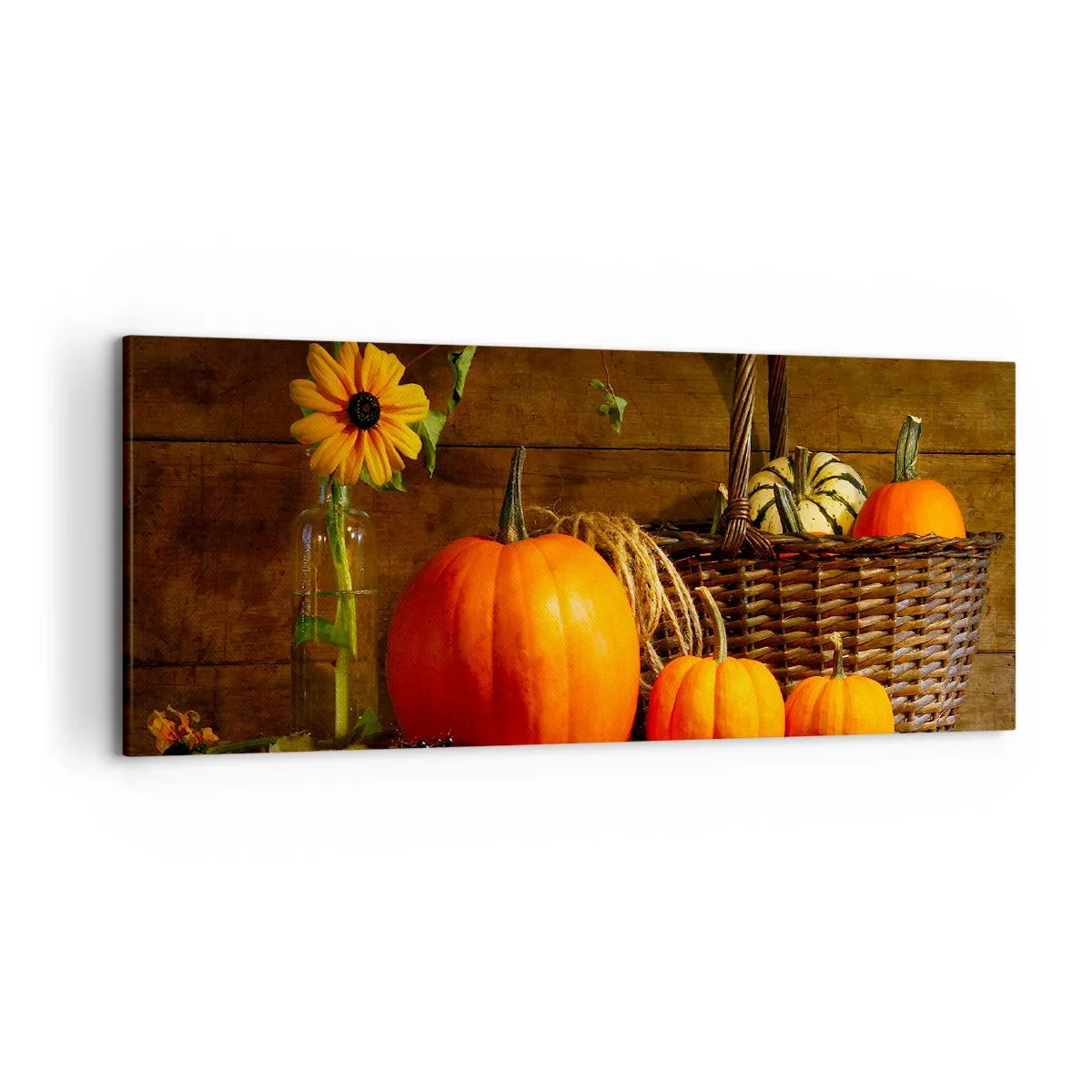 Impression sur toile - Image sur toile - Composition d'automne avec citrouilles et fleurs sur fond de bois - 120x50cm - Une composition rustique - cadeaux d'automne - Décoration murale moderne pour le salon et la chambre ARTTOR