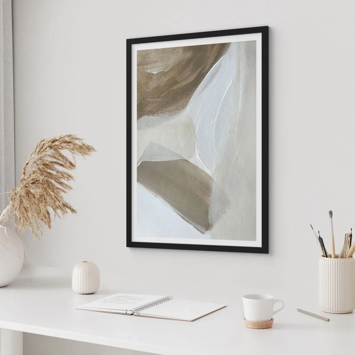 Affiche dans un cadre noir - Poster - Abstraction minimaliste dans des tons beiges - 50x70cm - Une vague de blanc - Décoration murale moderne pour le salon et la chambre ARTTOR