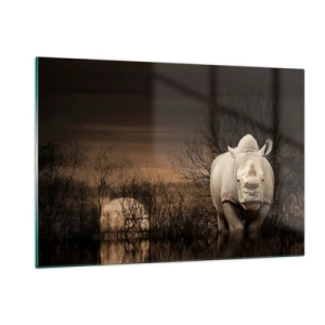 Impression sur verre - Image sur verre - Rhinocéros contre le soleil couchant - 120x80cm - Blanc contre nature - Décoration murale moderne pour le salon et la chambre ARTTOR