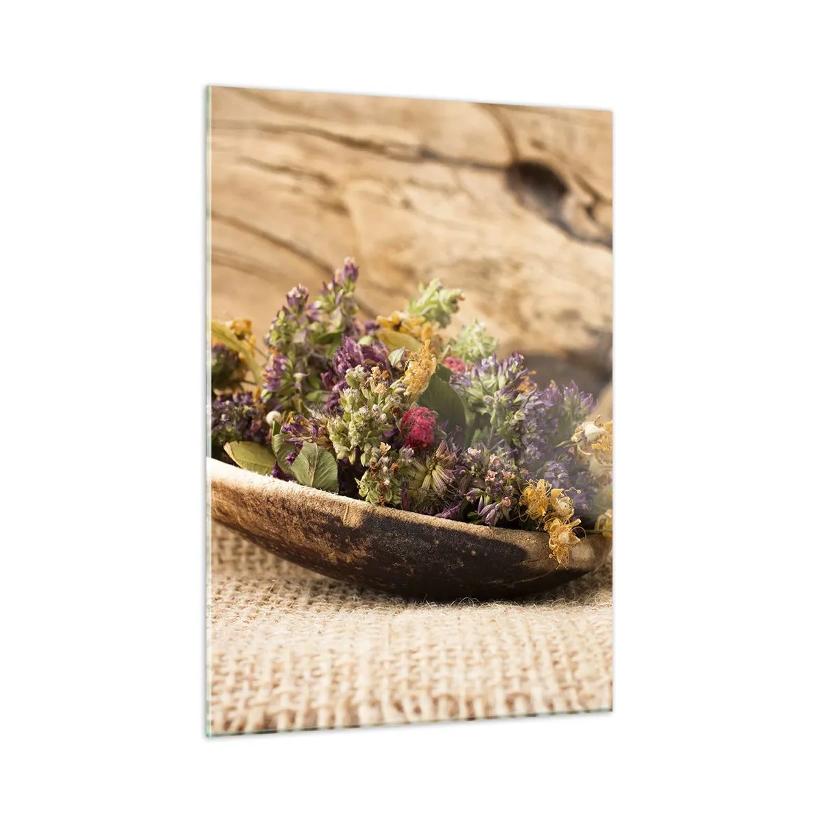 Impression sur verre - Image sur verre - Herbes séchées dans une cuillère en bois sur un fond rustique - 50x70cm - Fleurs colorées et herbes parfumées - Décoration murale moderne pour le salon et la chambre ARTTOR