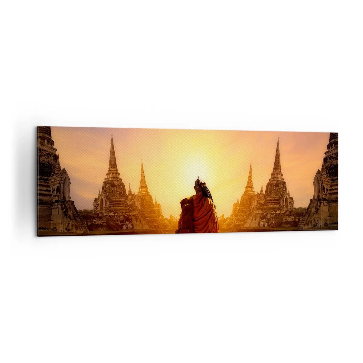 Impression sur toile - Image sur toile - Un moine parmi les temples au coucher du soleil - 160x50cm - En paix pour l'éternité - Décoration murale moderne pour le salon et la chambre ARTTOR