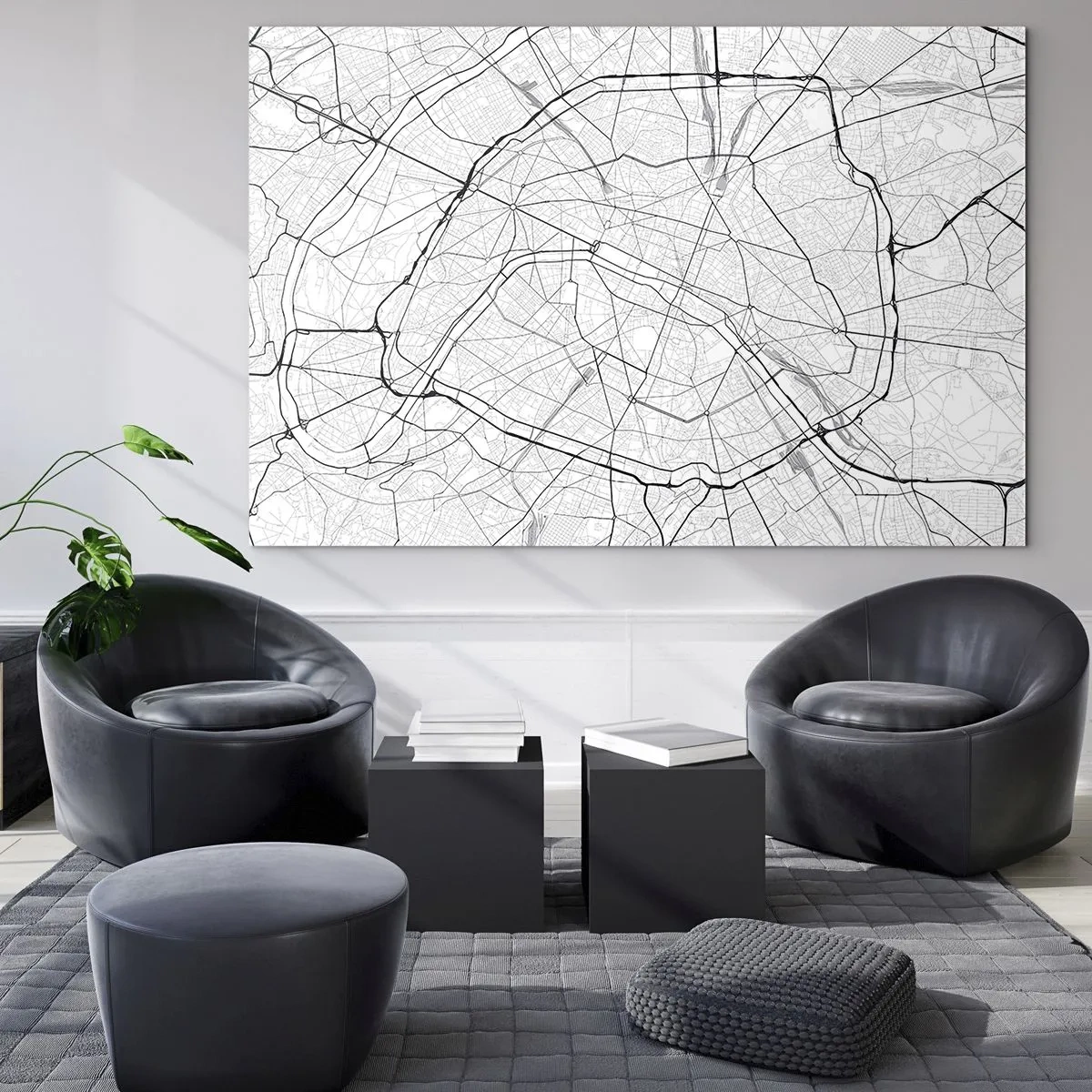 Impression sur verre - Image sur verre - Plan de la ville en noir et blanc avec quadrillage des rues et artères circulaires - 70x50cm - Fleur de Paris - Décoration murale moderne pour le salon et la chambre ARTTOR