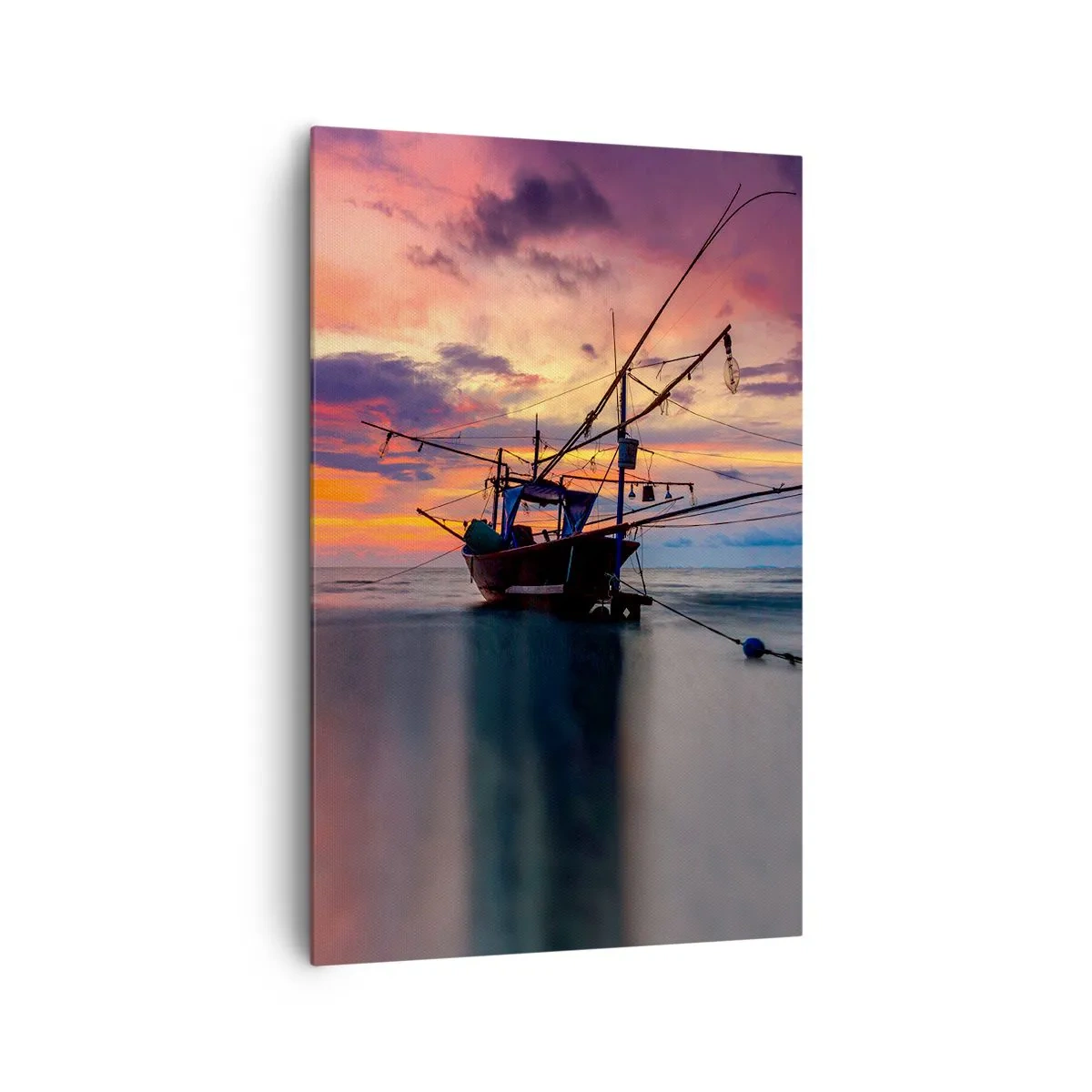 Impression sur toile - Image sur toile - Un bateau de pêche sur fond de coucher de soleil coloré - 80x120cm - Soirée exotique - Décoration murale moderne pour le salon et la chambre ARTTOR