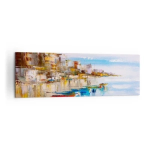 Impression sur toile - Image sur toile - Bateaux colorés sur le rivage surplombant les toits de la ville - 160x50cm - Un havre urbain multicolore - Décoration murale moderne pour le salon et la chambre ARTTOR