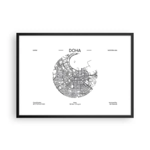 Affiche dans un cadre noir - Poster - Une carte minimaliste de Doha en noir et blanc avec des détails précis. - 70x50cm - Anatomie de Doha - Décoration murale moderne pour le salon et la chambre ARTTOR