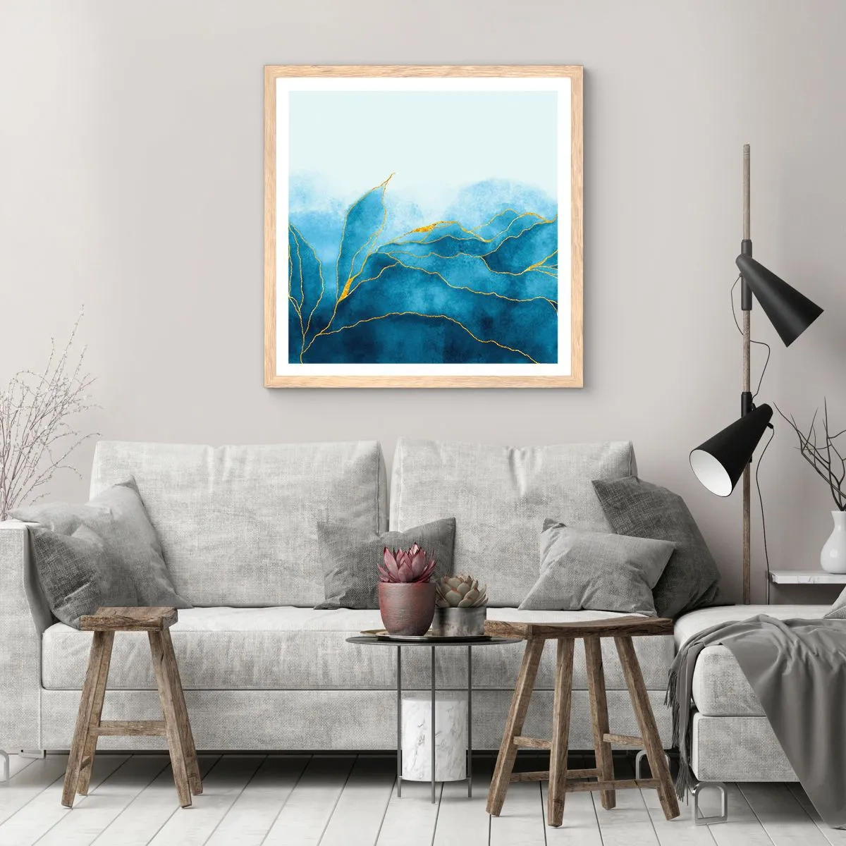 Affiche dans un chêne clair - Poster - Bleu doré - 40x40 cm