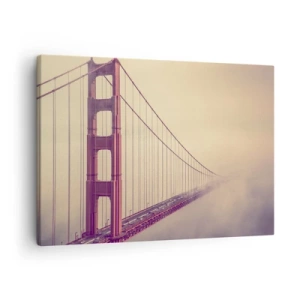 Impression sur toile - Image sur toile - Un pont dans le brouillard aux tons pastel, symbole d'élégance et de paix - 70x50cm - Entre ciel et terre - Décoration murale moderne pour le salon et la chambre ARTTOR