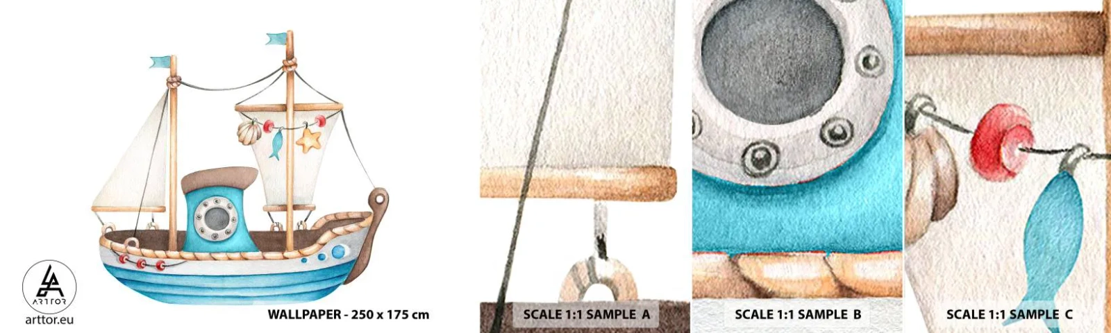 Échantillon De Papier Peint Standard Eco - Ohé, l'aventure ! - Bateau, Enfants, Nautique - 100x30 cm