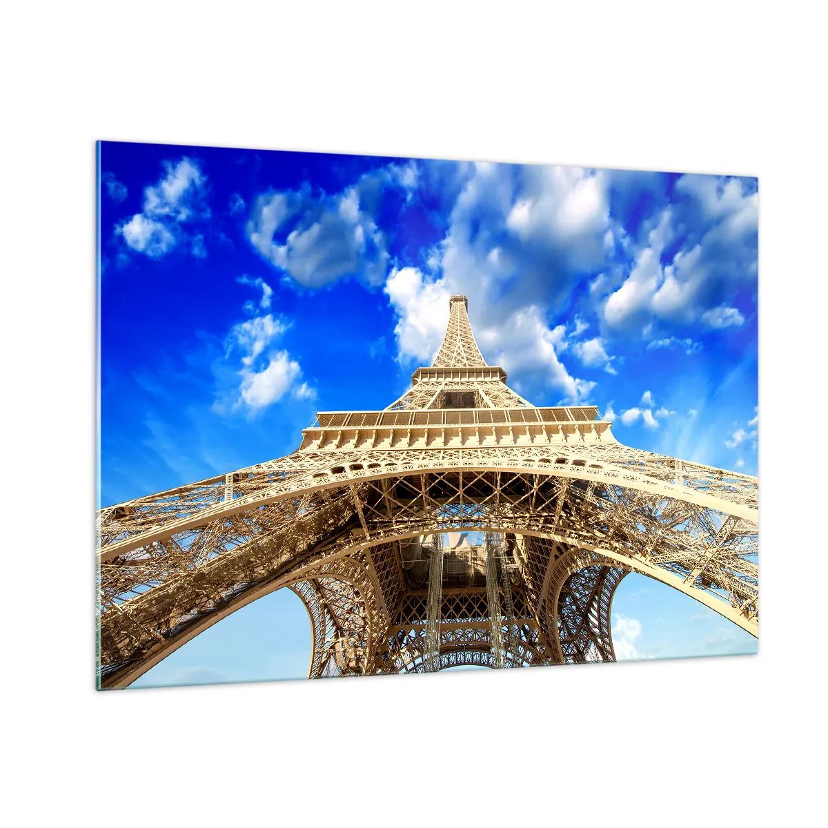 Impression sur verre - Image sur verre - La Tour Eiffel vue d'en haut contre le ciel - 100x70cm - Atteindre le ciel et les nuages - Décoration murale moderne pour le salon et la chambre ARTTOR