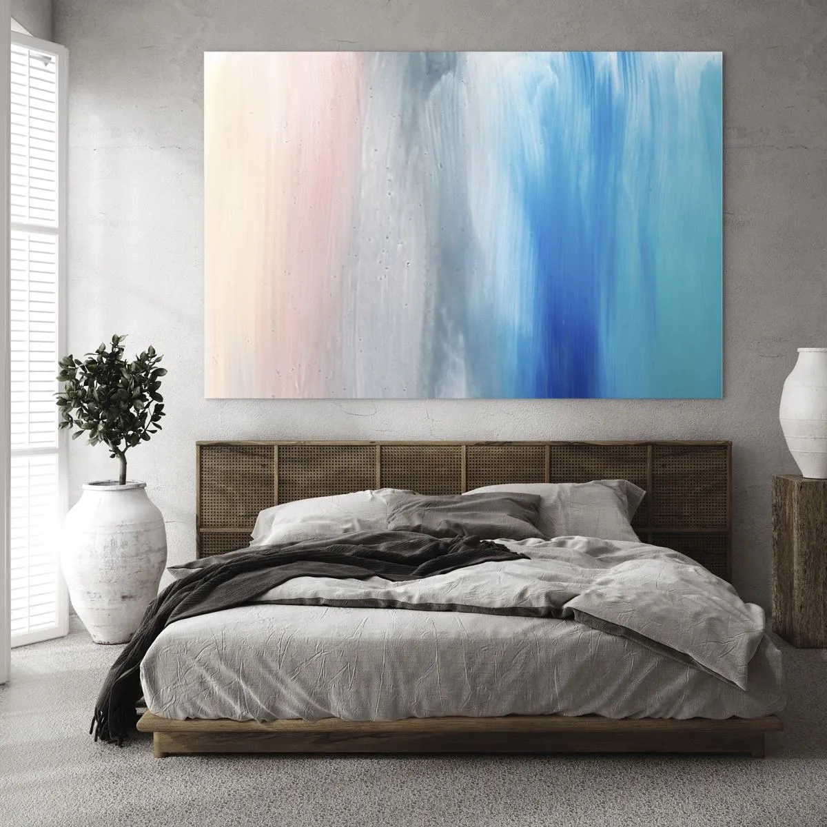 Impression sur verre - Image sur verre - Des stries verticales de couleurs pastel et bleues dans un style abstrait. - 70x50cm - Éléments : air - Décoration murale moderne pour le salon et la chambre ARTTOR