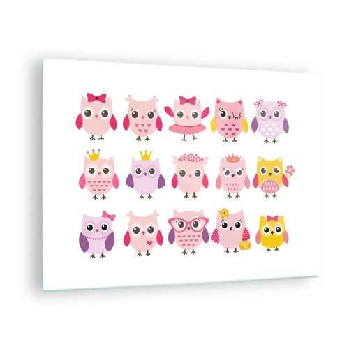 Impression sur verre - Image sur verre - Hiboux colorés aux motifs variés sur fond blanc - 70x50cm - L'un est plus doux que l'autre - Décoration murale moderne pour le salon et la chambre ARTTOR