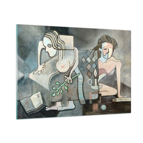 Impression sur verre - Image sur verre - Une scène abstraite avec deux personnages dans un style cubiste. - 100x70cm - Mosaïque d'esprit et de matière - Décoration murale moderne pour le salon et la chambre ARTTOR