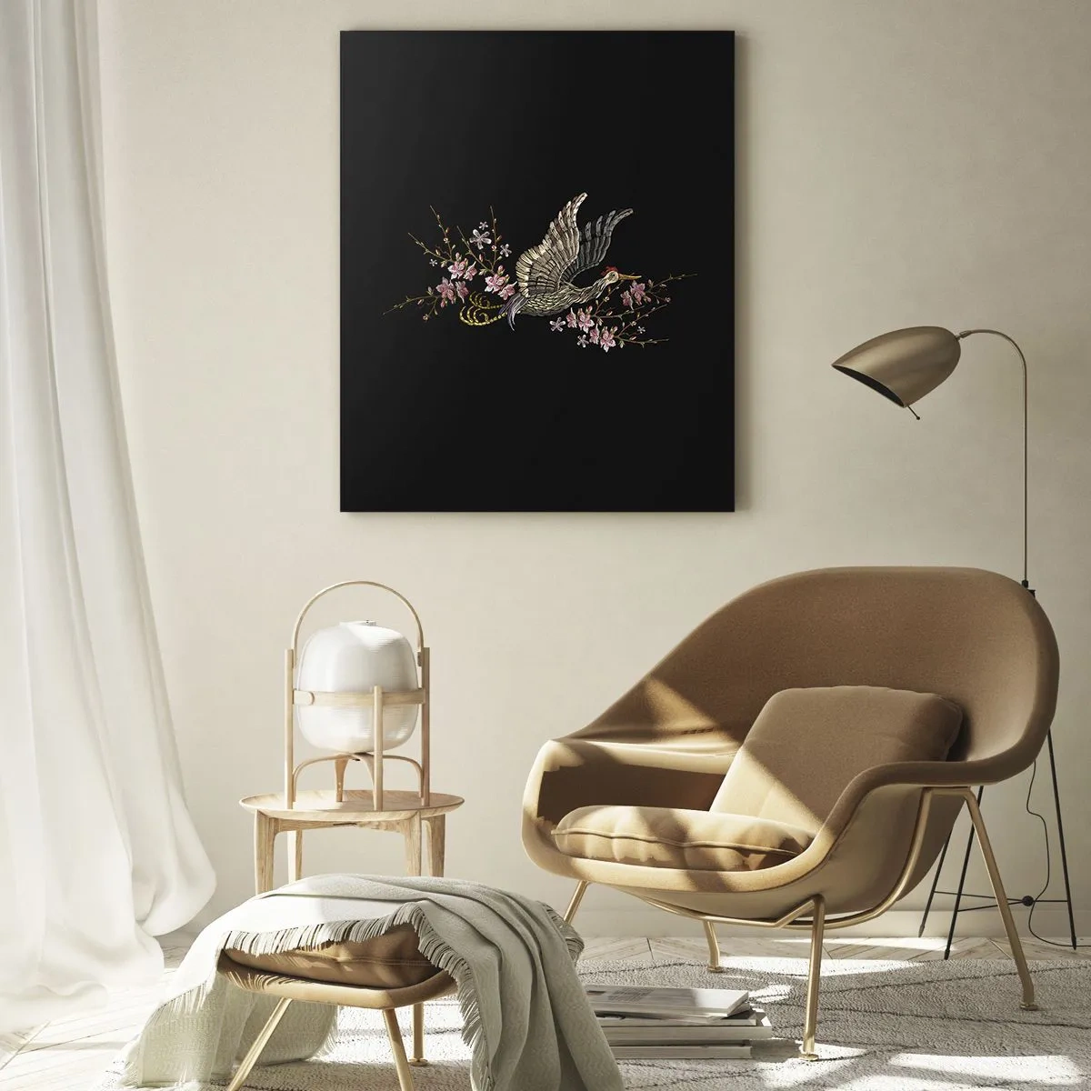 Impression sur verre - Image sur verre - Un oiseau en vol avec des fleurs sur fond noir - 70x100cm - Oiseau brodé exotique - Décoration murale moderne pour le salon et la chambre ARTTOR