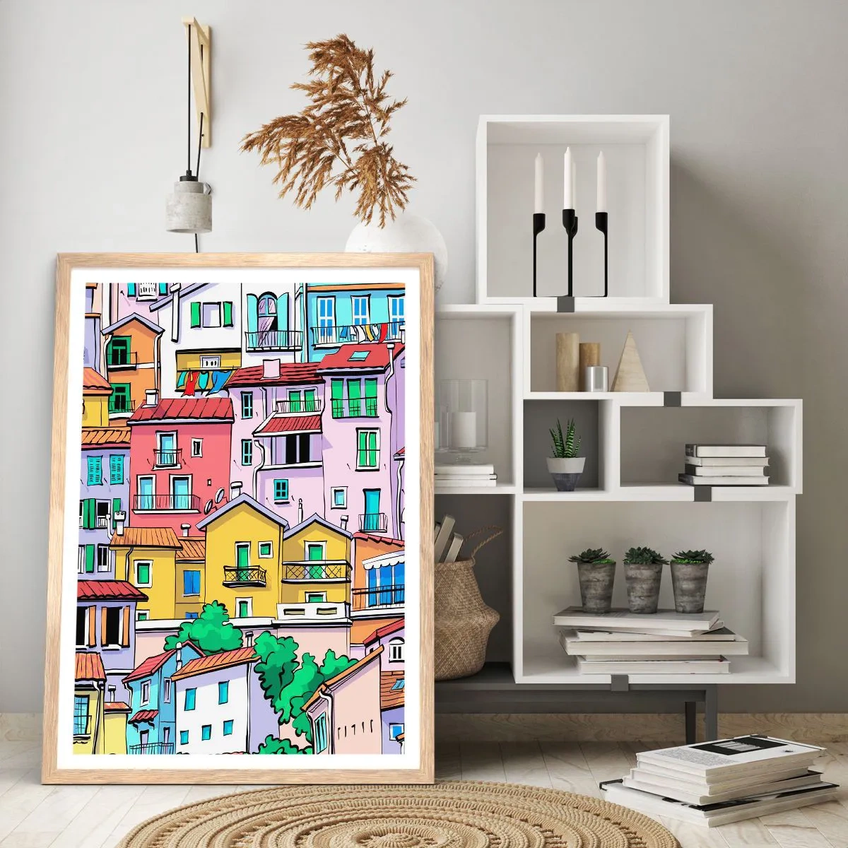 Affiche dans un chêne clair - Poster - Ville joyeuse - 70x100 cm