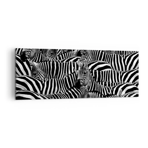 Impression sur toile - Image sur toile - Un groupe de zèbres avec des rayures noires et blanches créant un motif de symétrie. - 140x50cm - Portrait collectif à rayures - Décoration murale moderne pour le salon et la chambre ARTTOR