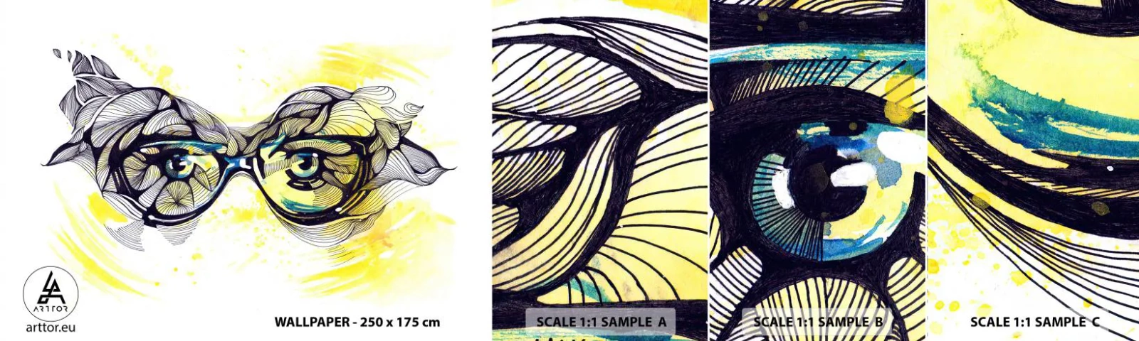 Échantillon De Papier Peint Standard Eco - À travers des lunettes bleues - Abstraction, Lunettes pour femmes, Yeux féminins - 100x30 cm