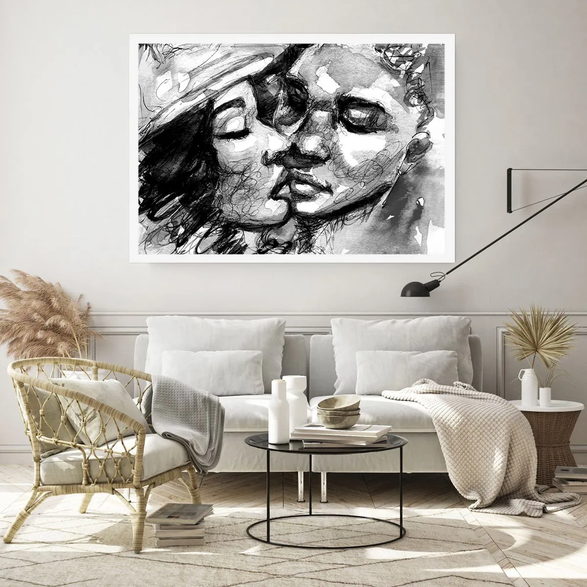 Affiche - Poster - Une aquarelle en noir et blanc représentant un moment intime entre deux personnes. - 100x70cm - Un moment tendre - Décoration murale moderne pour le salon et la chambre ARTTOR