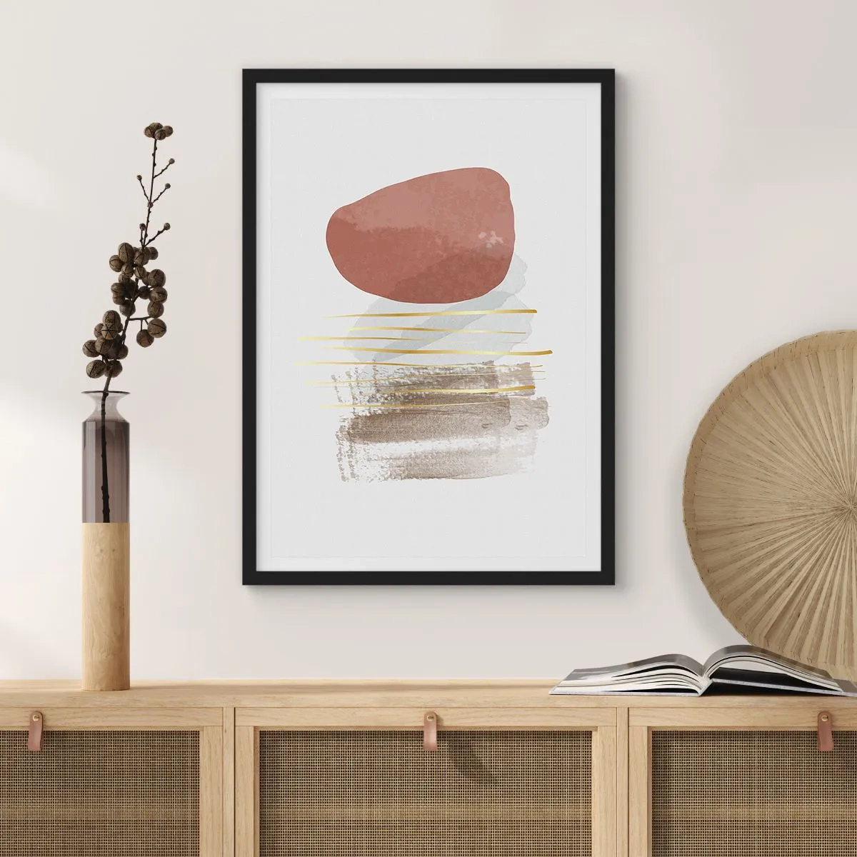 Affiche dans un cadre noir - Poster - Abstraction minimaliste avec des formes géométriques et des lignes dorées - 50x70cm - Colonnade abstraite - Décoration murale moderne pour le salon et la chambre ARTTOR