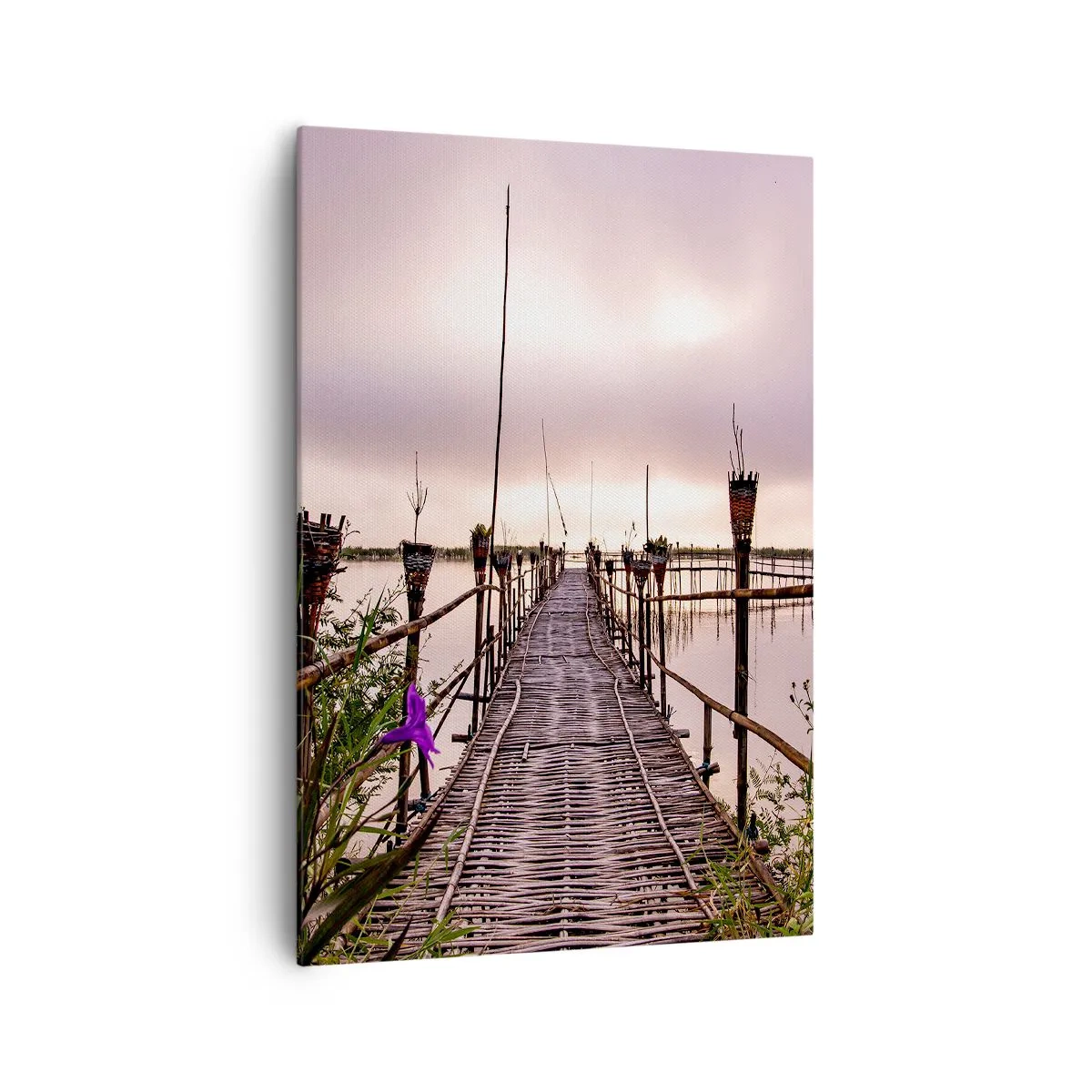 Impression sur toile - Image sur toile - Pont de bambou sur l'eau à l'aube - 70x100cm - Le silence et le calme d'Asie - Décoration murale moderne pour le salon et la chambre ARTTOR