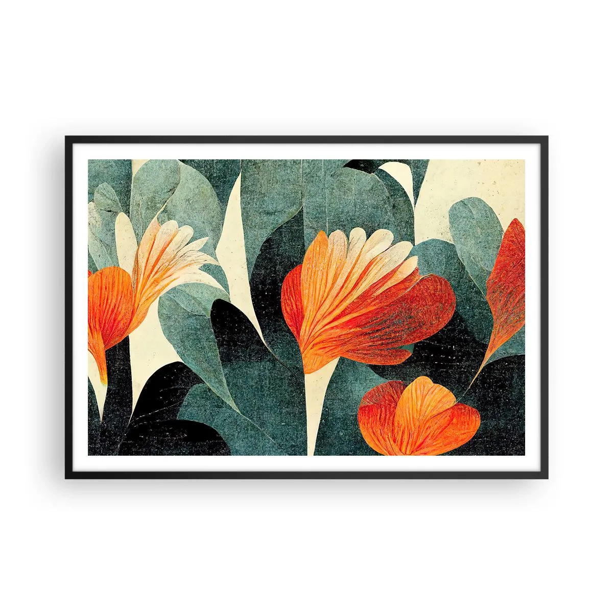 Affiche dans un cadre noir - Poster - Fleurs aux tons intenses d'orange et de vert - 100x70cm - La chaleur des tropiques et la fraîcheur de la verdure - Décoration murale moderne pour le salon et la chambre ARTTOR