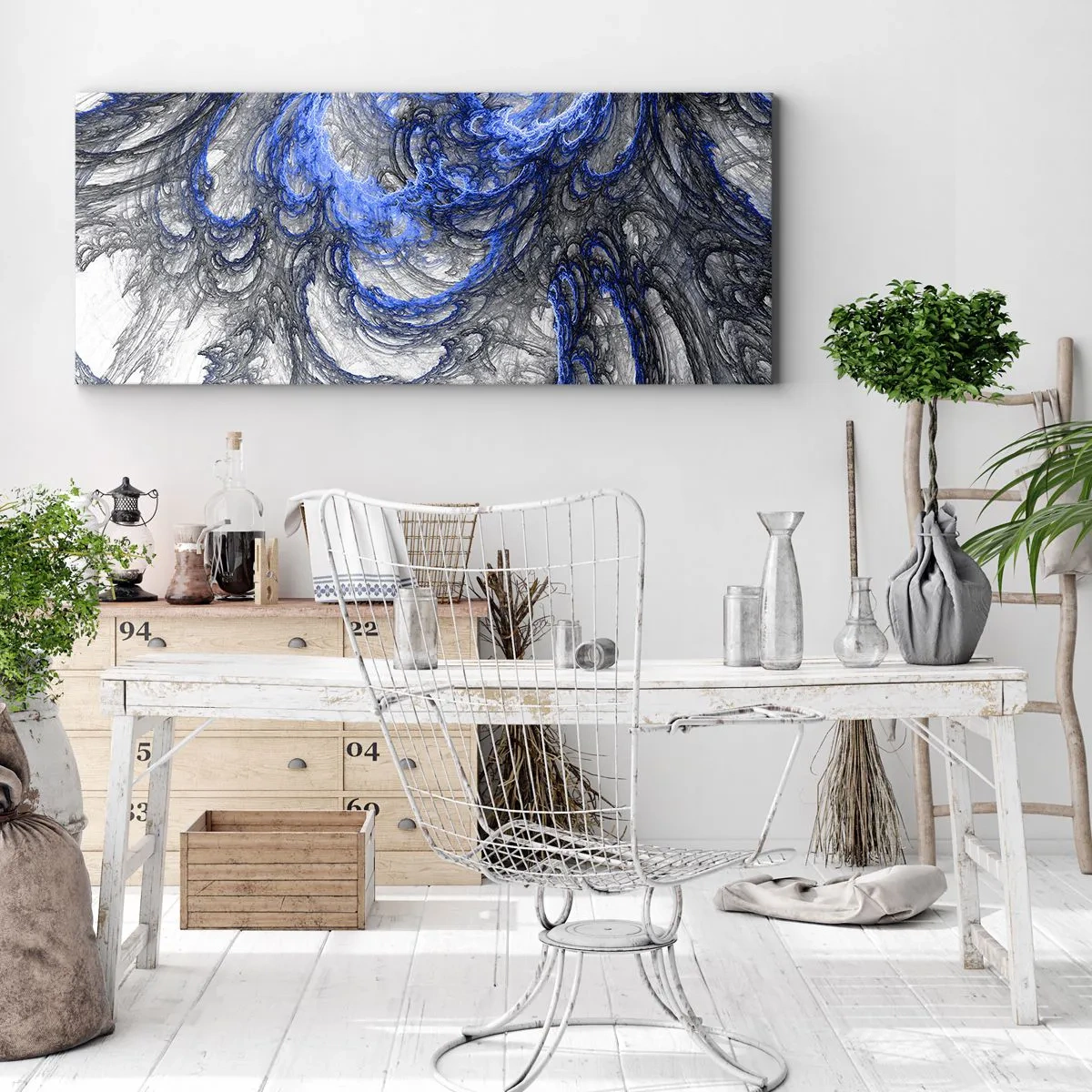 Impression sur toile - Image sur toile - Vagues abstraites dans des tons de bleu et de gris - 120x50cm - La naissance d'une vague - Décoration murale moderne pour le salon et la chambre ARTTOR