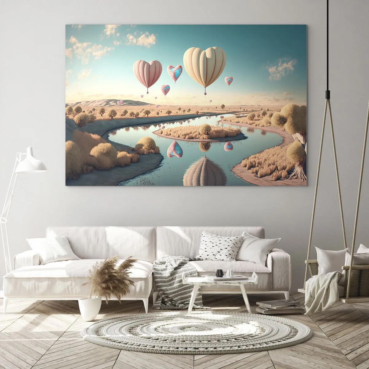 Impression sur verre - Image sur verre - Ballons en forme de cœur au-dessus d'un paysage de conte de fées avec une rivière - 70x50cm - L'amour te permet de t'élever - Décoration murale moderne pour le salon et la chambre ARTTOR