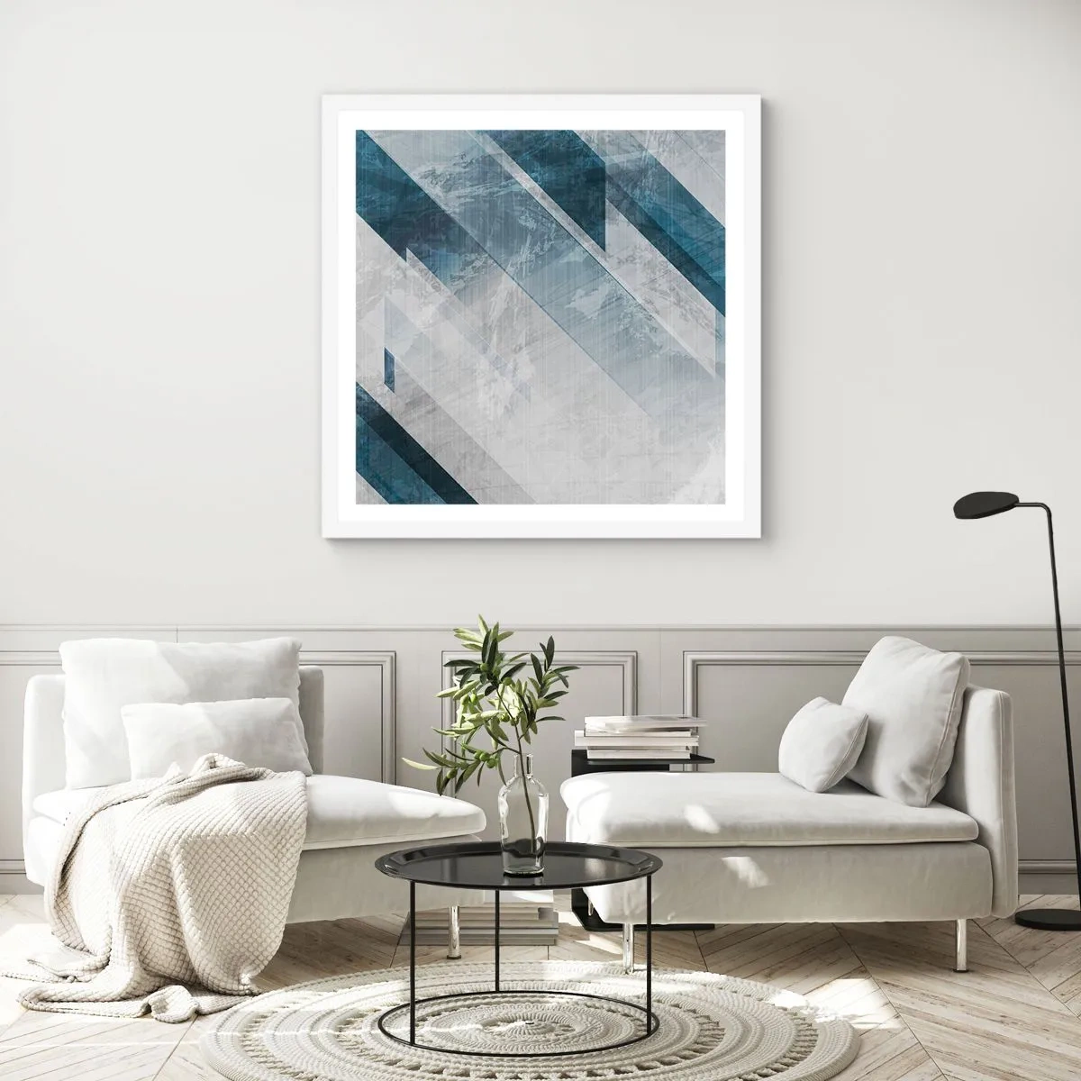 Affiche dans un cadre blanc - Poster - Composition spatiale - mouvement gris - 60x60 cm