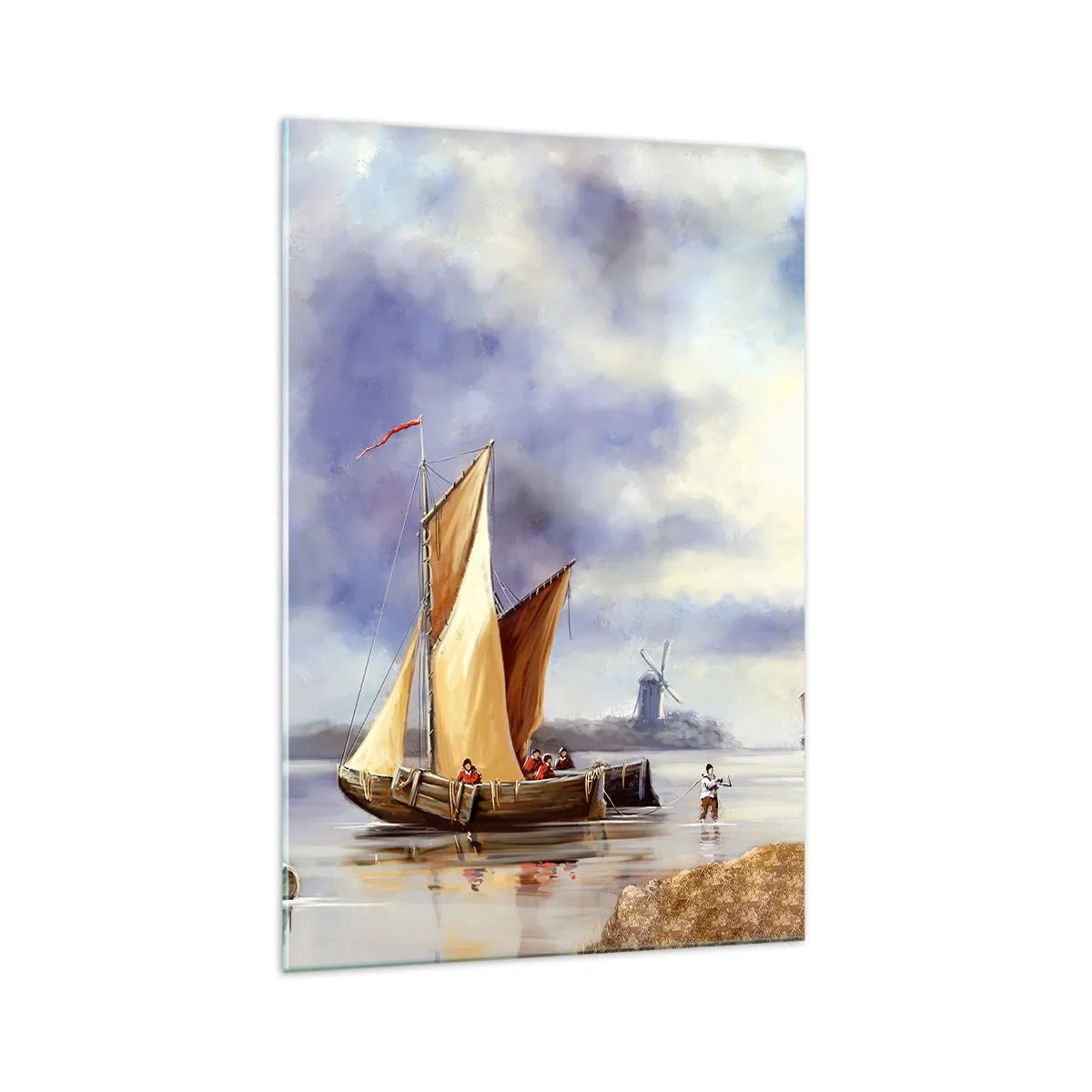 Impression sur verre - Image sur verre - Voiliers sur une eau calme avec des moulins à vent en arrière-plan - 70x100cm - Retour de marin - Décoration murale moderne pour le salon et la chambre ARTTOR