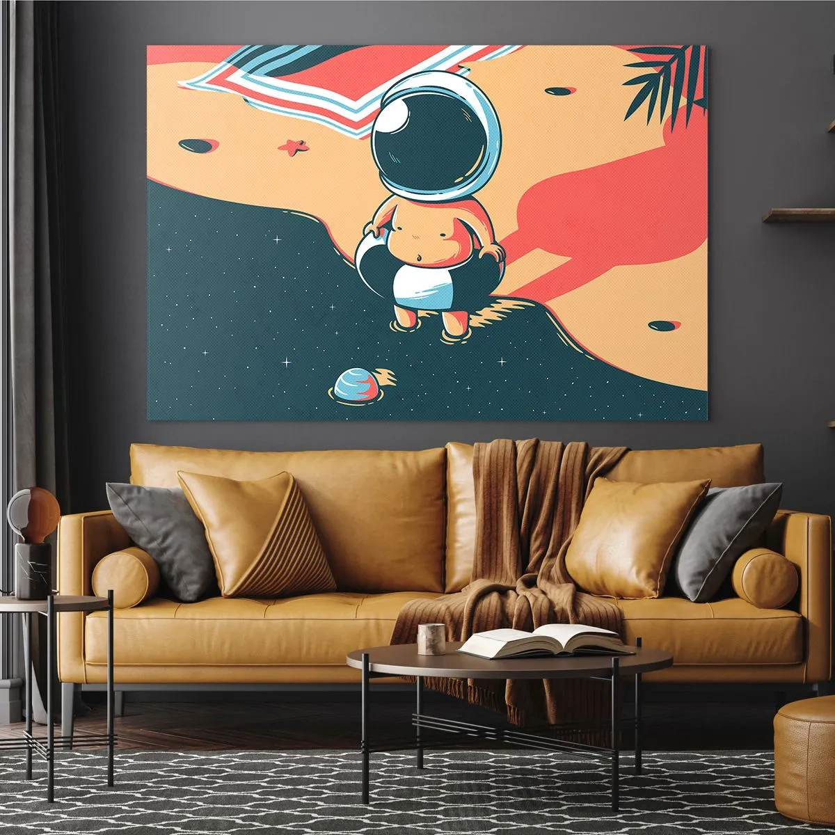 Impression sur verre - Image sur verre - Figure d'astronaute sur une plage avec un paysage cosmique - 70x50cm - Suivant une autre perspective - Décoration murale moderne pour le salon et la chambre ARTTOR