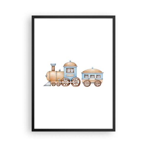 Affiche dans un cadre noir - Poster - Train aquarelle dans les tons bleu et beige - 50x70cm - Il est à la gare... - Décoration murale moderne pour le salon et la chambre ARTTOR