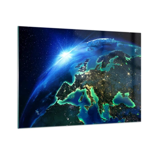 Impression sur verre - Image sur verre - Vue de la Terre depuis l'espace avec Europe illuminée la nuit - 100x70cm - Europe pétillante - Décoration murale moderne pour le salon et la chambre ARTTOR