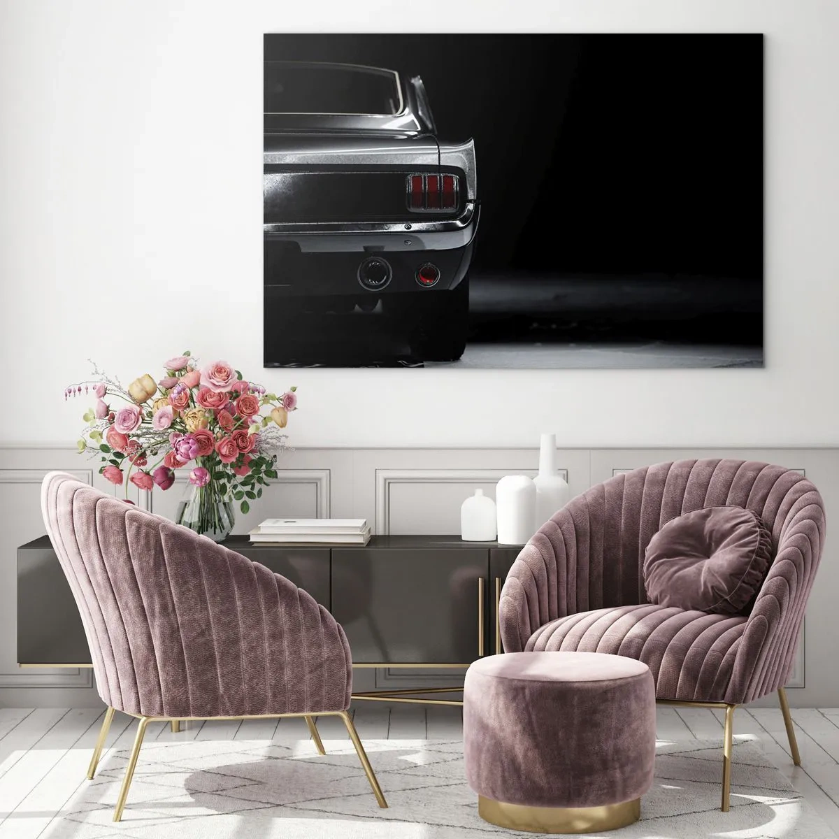 Impression sur verre - Image sur verre - L'arrière d'une voiture classique dans un intérieur sombre et élégant - 70x50cm - Le charme du classique - Décoration murale moderne pour le salon et la chambre ARTTOR