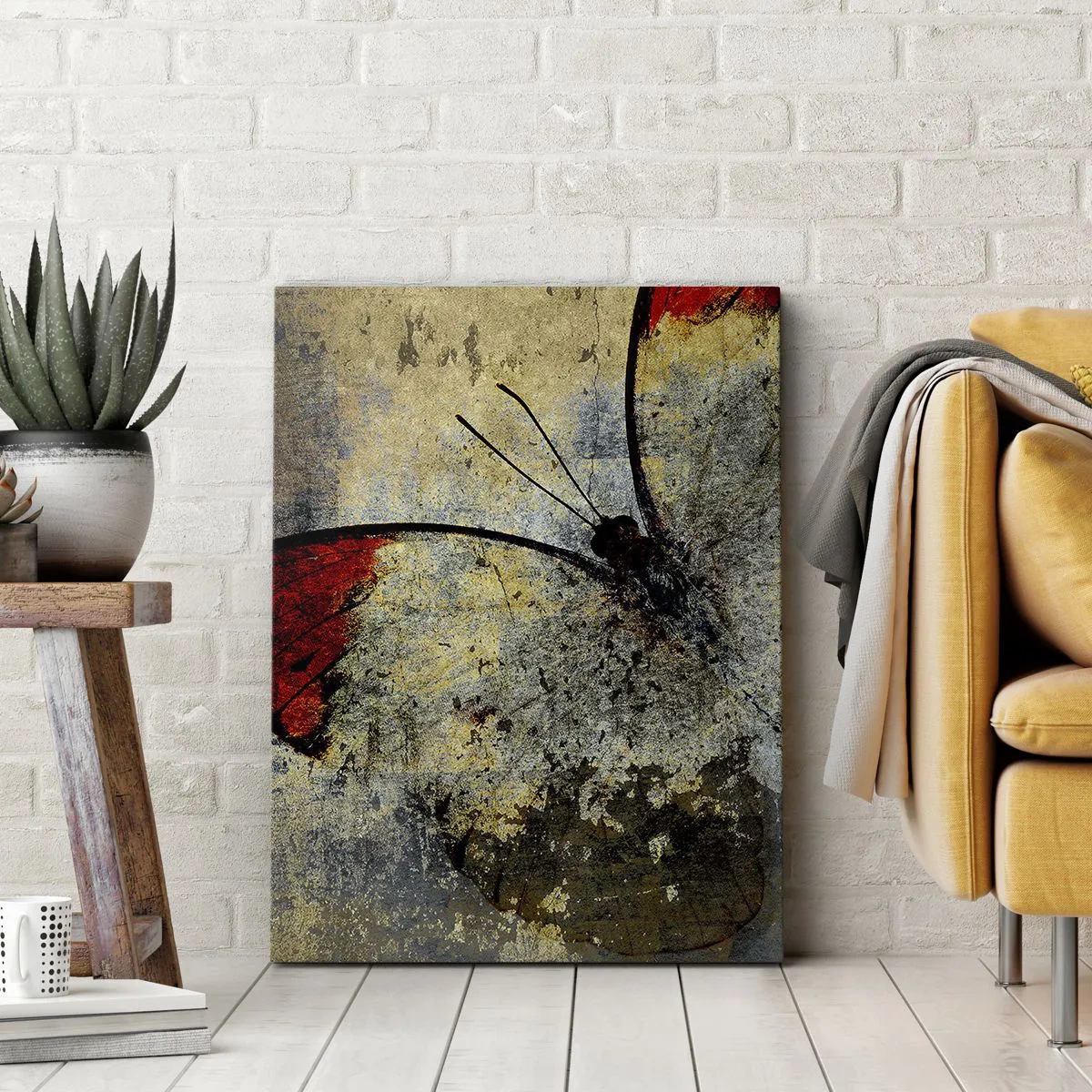 Impression sur toile - Image sur toile - Un papillon dans les tons de rouge et de gris sur un fond texturé - 50x70cm - Regarde avant que je disparaisse - Décoration murale moderne pour le salon et la chambre ARTTOR