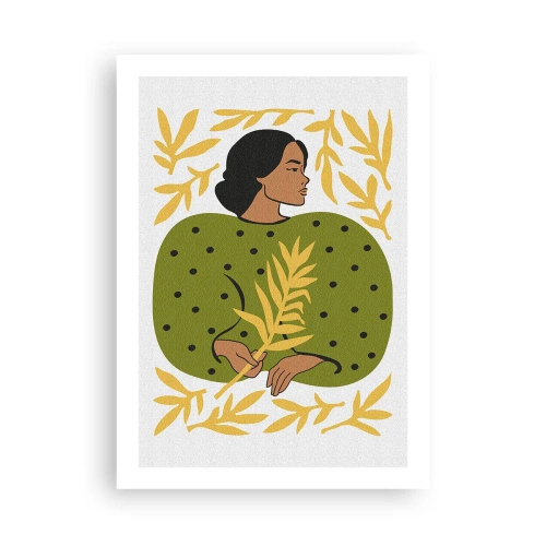 Affiche - Poster - Portrait d'une femme en robe verte avec une feuille jaune, avec un motif délicat - 50x70cm - Fille hawaïenne - Décoration murale moderne pour le salon et la chambre ARTTOR