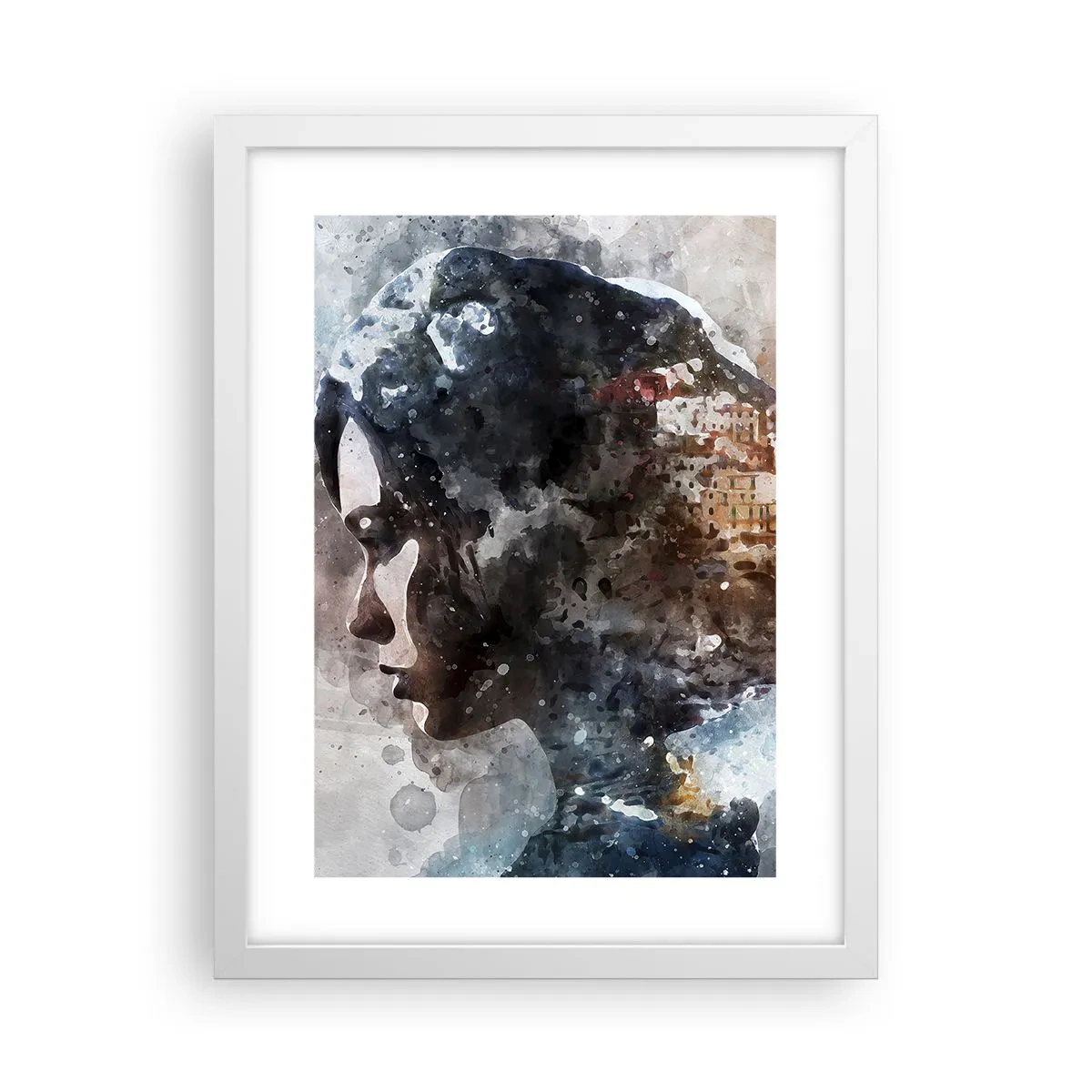 Affiche dans un cadre blanc - Poster - L'histoire d'une fille avec une ville en arrière-plan - 30x40 cm