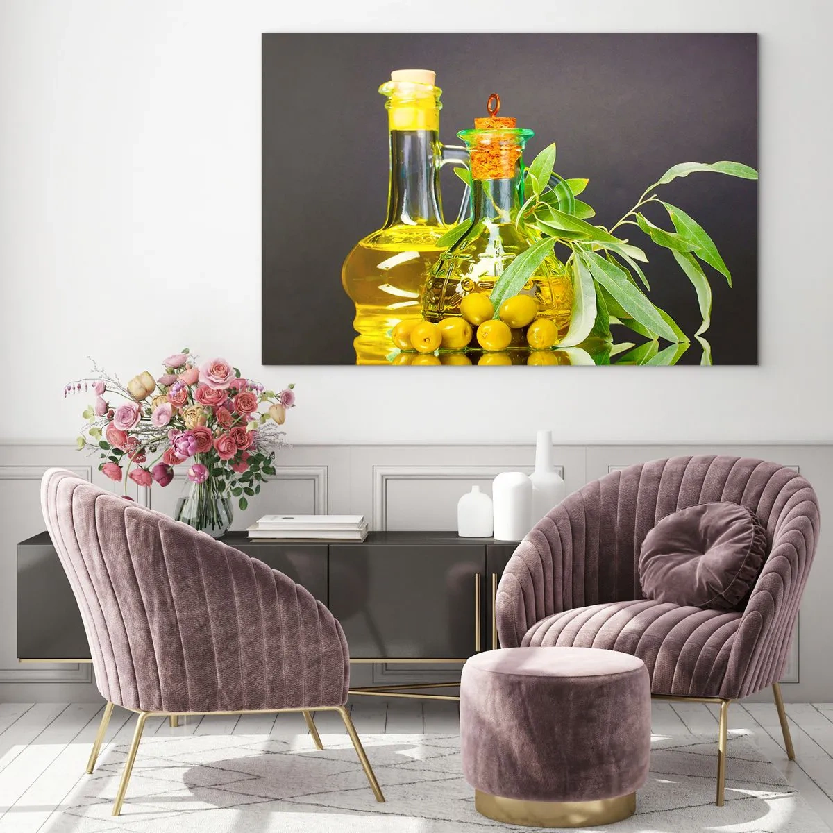 Impression sur verre - Image sur verre - Bouteilles d'huile d'olive et une branche d'oliviers en arrière-plan - 70x50cm - Nature morte aux olives et à l'huile d'olive - Décoration murale moderne pour le salon et la chambre ARTTOR