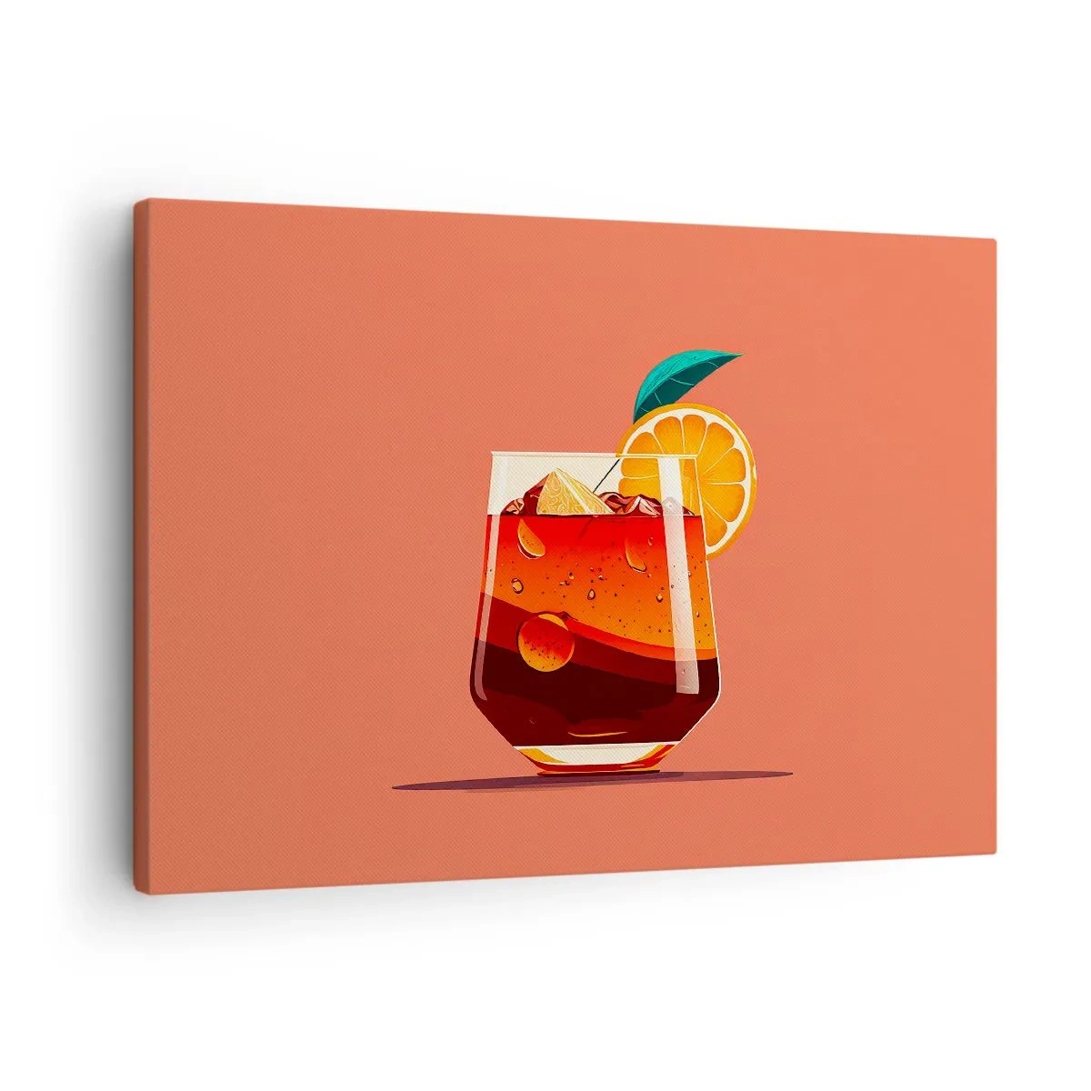Impression sur toile - Image sur toile - Un verre de boisson et une tranche d'orange sur un fond orange - 70x50cm - Rafraîchissement d'été - Décoration murale moderne pour le salon et la chambre ARTTOR