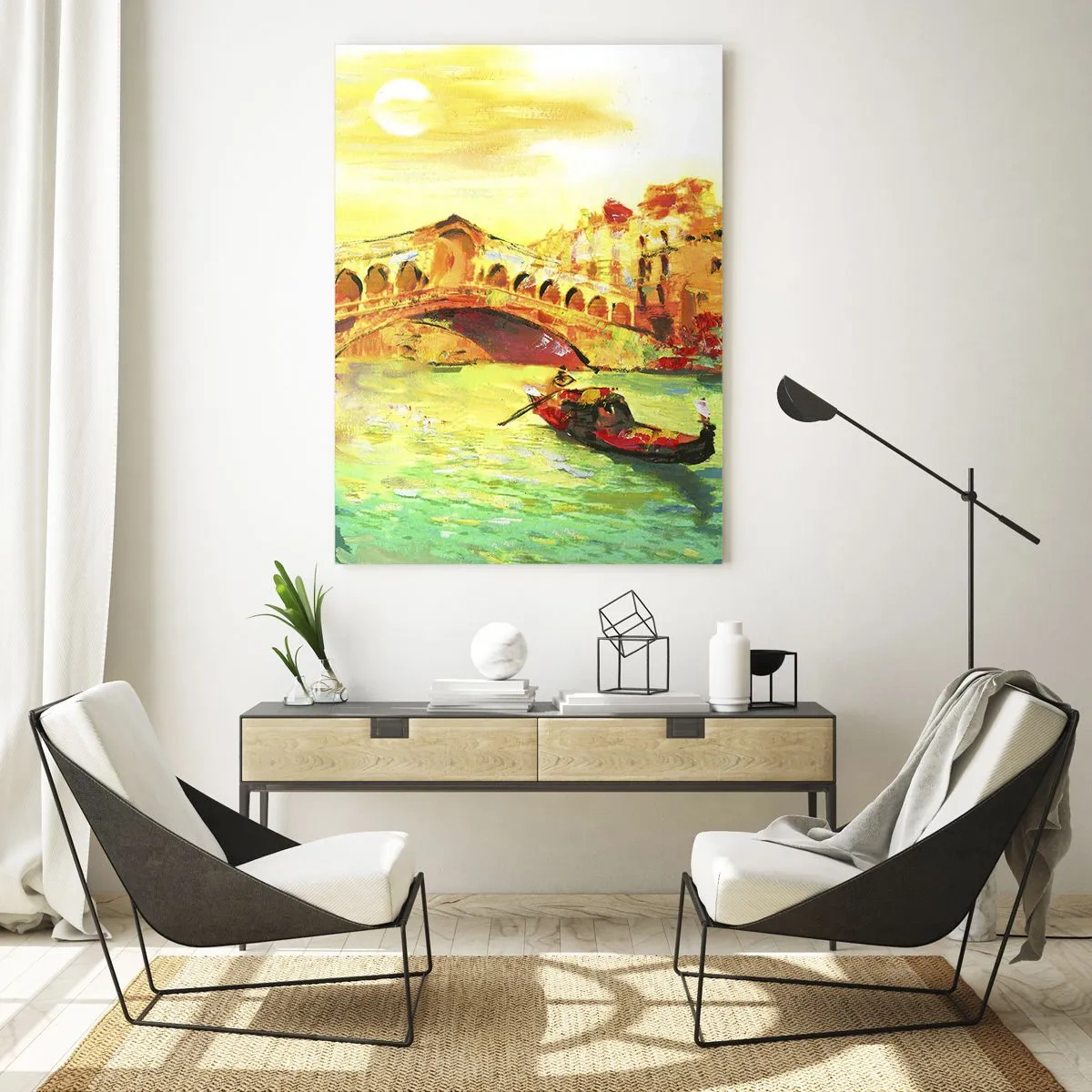 Impression sur verre - Image sur verre - Un pont pittoresque sur le canal avec une gondole à la lumière du soleil couchant - 80x120cm - Un pèlerinage d'amoureux - Décoration murale moderne pour le salon et la chambre ARTTOR