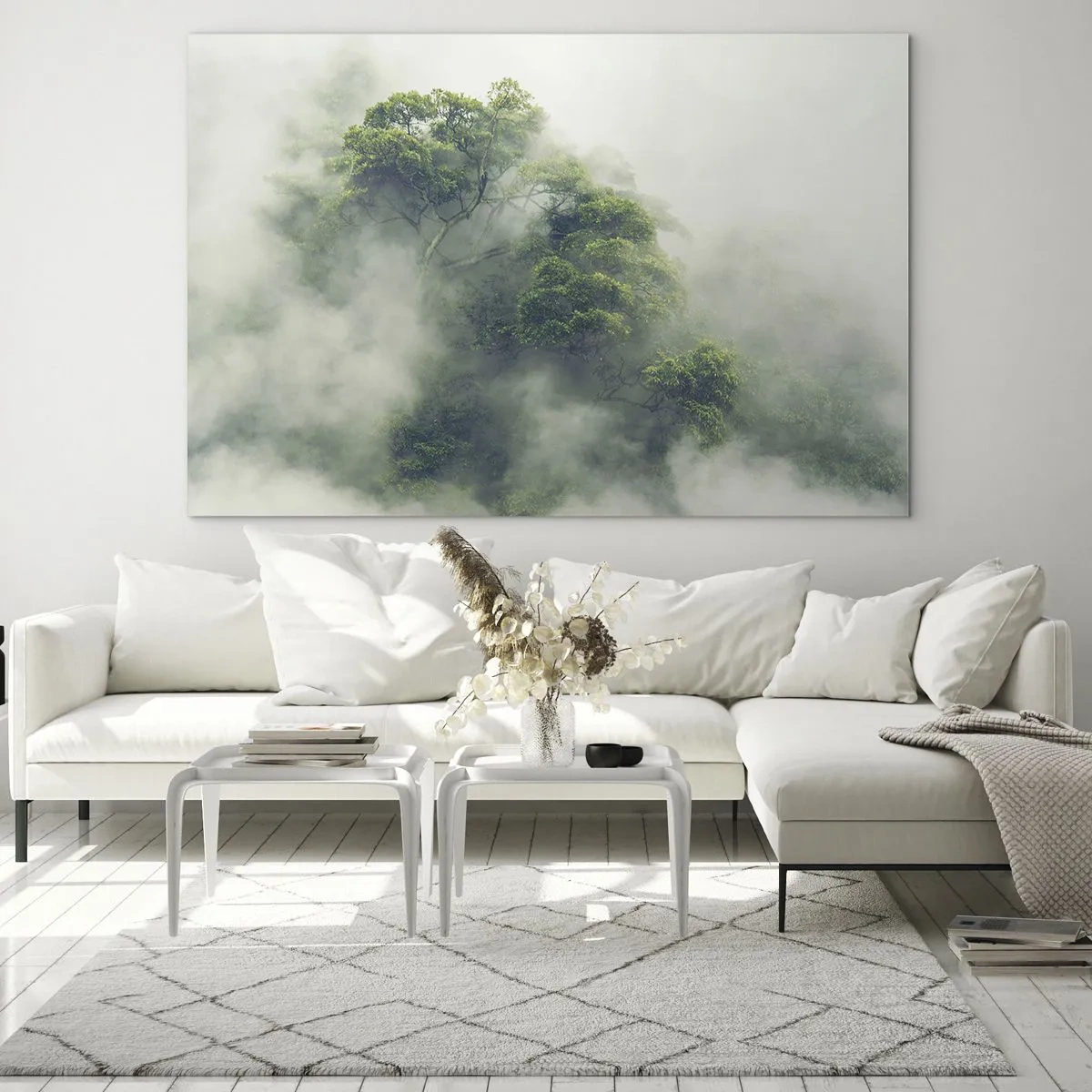 Impression sur verre - Image sur verre - Arbres de la forêt tropicale émergeant d'un épais brouillard - 70x50cm - Enveloppé de brouillard - Décoration murale moderne pour le salon et la chambre ARTTOR
