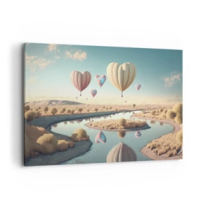Impression sur toile - Image sur toile - Des ballons en forme de cœur flottant au-dessus du paysage - 100x70cm - L'amour te permet de t'élever - Décoration murale moderne pour le salon et la chambre ARTTOR